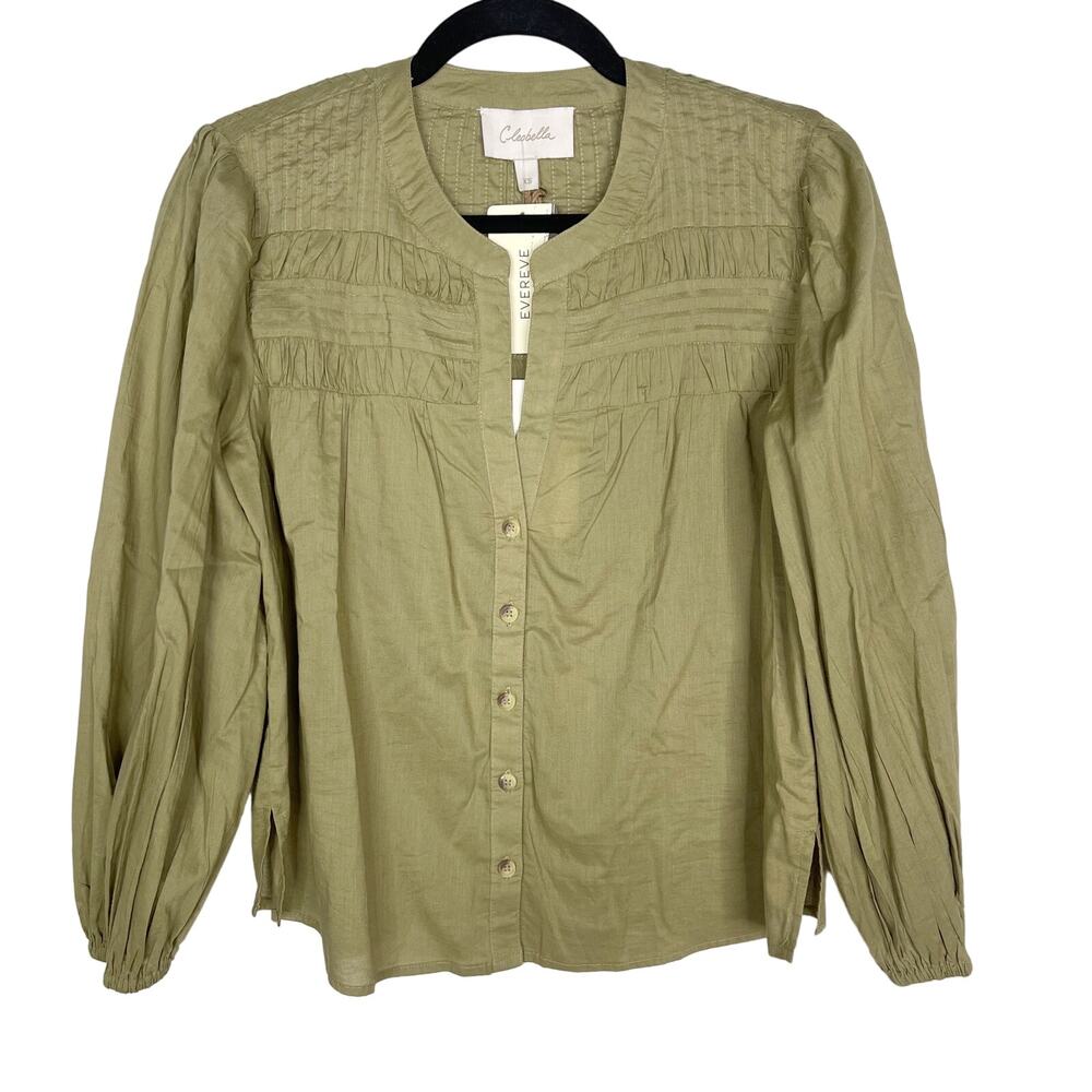 New Evereve Cleobella XS Olive Green River Blouse Puff Sleeve Button Front VNeck